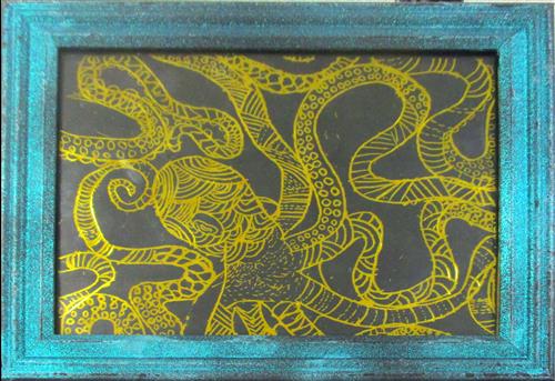 Yellow contour octopus on black paper with blue frame